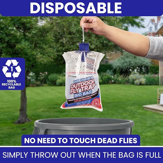 Fly Traps Outdoor Fly Trap for Patio. 2 Large Non-Toxic Pre-Baited Flies Bags Outdoor Disposable. Big Hanging Bug Catchers for All Filth Flies Killer for Outside Bug Control in Yard Horse Ranch
