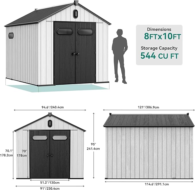 YITAHOME 8x10ft Outdoor Resin Storage Shed with Floor, 544 cuft Waterproof Garden Shed with Lockable Door, Windows & Vents, Plastic Tool Storage for Patio Furniture, Lawnmower, and Bike Storage, Gray