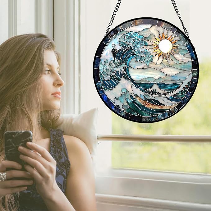 Stained Glass Window Hanging - White Sun Big Wave Suncatcher for Door Terrace Garden Home Decor Blue Ocean Landscape Sun Catcher Birthday Gifts for Lovers Women Men Dad Mom Nana9.8 in