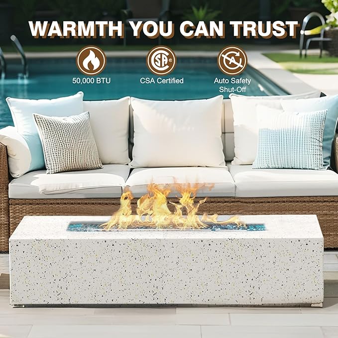 Outdoor Propane Fire Pit Table – Premium Terrazzo-Like MgO Finish, 56-Inch Gas Fire Table for Patio, Garden & Backyard, Includes Rain Cover & Glass Beads