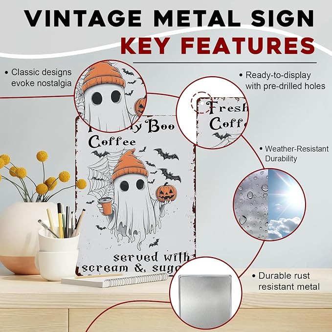 Halloween Rustic Metal Tin Sign Freshly Boo’d Coffee Vintage Fall Decor Retro Tin Plaque Kitchen Wall Art Metal Poster Home Iron Painting Wall Decor 12x16inch