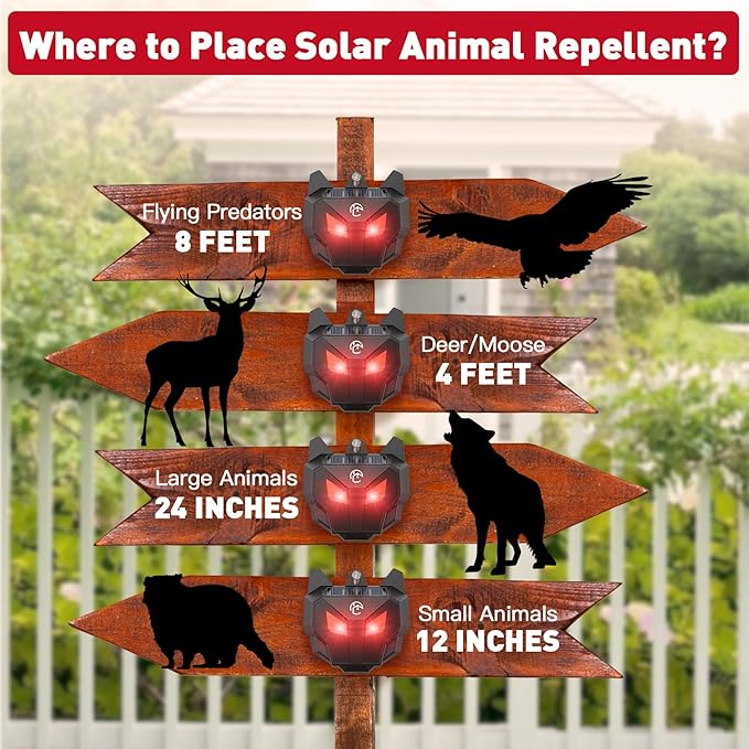Solar Nocturnal Animal Repeller with Red LED Flashing Lights – Effective Coyote, Raccoon, Skunk, Deer & Hawk Deterrent – Waterproof Predator Lights for Yards, Gardens & Chicken Coops