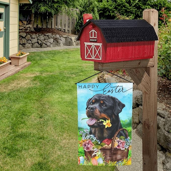 Happy Easter Rottweiler Dog Black Flower Eggs Garden Flag Welcome Party Outdoor Outside Decorations Picks Home House Garden Yard Decor 12x18 Inch