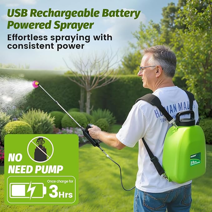 Battery Powered Backpack Sprayer 2.6 Gallon, Electric Lawn & Garden Sprayer with 4 Nozzles, 3 Modes, USB Rechargeable, Portable Yard Sprayer for Weed Killer, Fertilizer, Cleaning, Watering