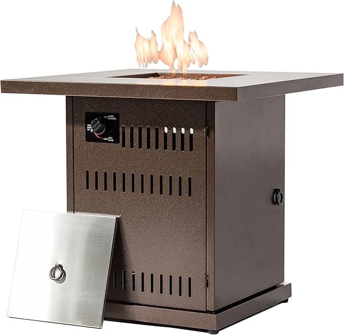 28'' Propane Fire Pit Table, 50,000 BTU Fire Table with Steel Lid, Big Legs, Laval Rocks, Deck Safe Fire Pit, Gas Fire Pits for Outside Patio, Brown.