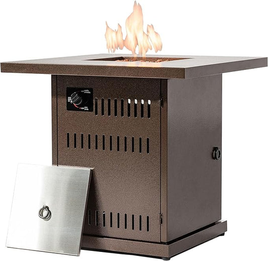 28'' Propane Fire Pit Table, 50,000 BTU Fire Table with Steel Lid, Big Legs, Laval Rocks, Deck Safe Fire Pit, Gas Fire Pits for Outside Patio, Brown.