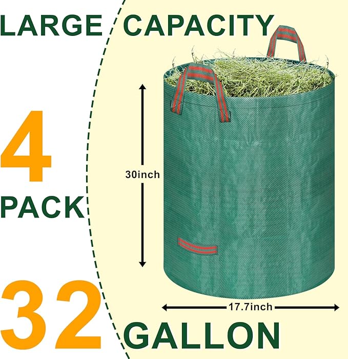 Remiawy Reusable Yard Waste Bags, 4 Packs 32 Gallons Lawn and Leaf Garden Bags Heavy Duty with 4 Handles, Collapsible Yard Waste Containers Camping Yard Recycling Bin for Debris Leaves Grass Clippings