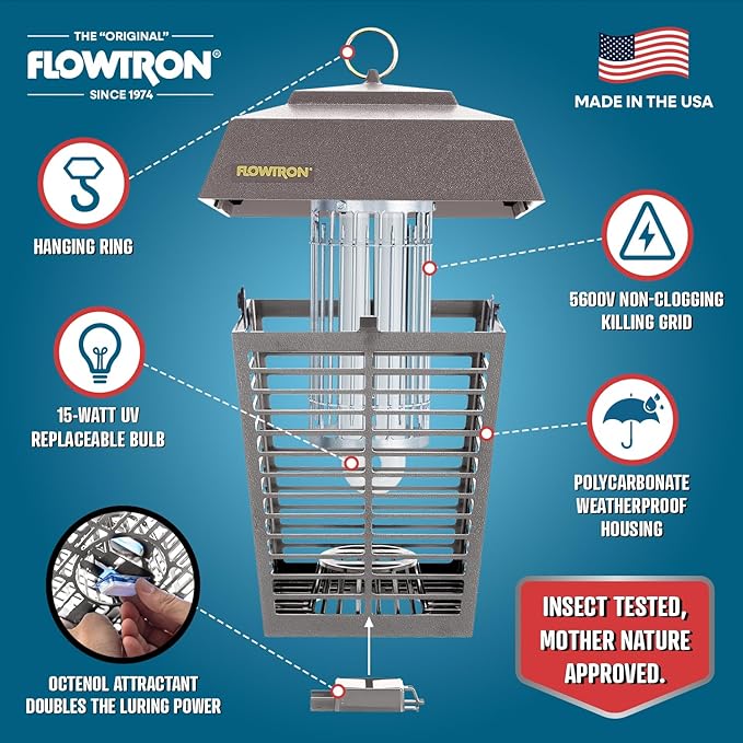 Flowtron Electric Bug Zapper 1/2 Acre Outdoor Insect Control with Dual Lure Method, 15W UV Light & Octenol Attractant for Fly & Mosquito, 5600V Kill Grid, Made in USA, UL Certified - Grey Color
