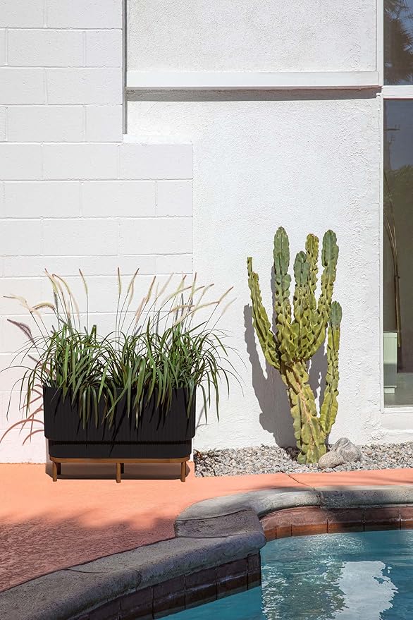 Veradek Demi Series Raised Long Planter for Indoor/Outdoor Use | Made from Plastic & Stone w/Wooden Stand | Modern Patio Décor for Flowers/Shrubs