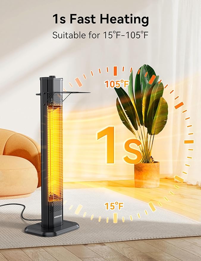 VAGKRI 36" Outdoor Infrared Heater, 1500W Space Heater with 3 Heat Levels, Tip-Over & Overheat Protection, IPX5 Waterproof Tower Electric Patio Heater for Backyard, Garage, Restaurant, Home