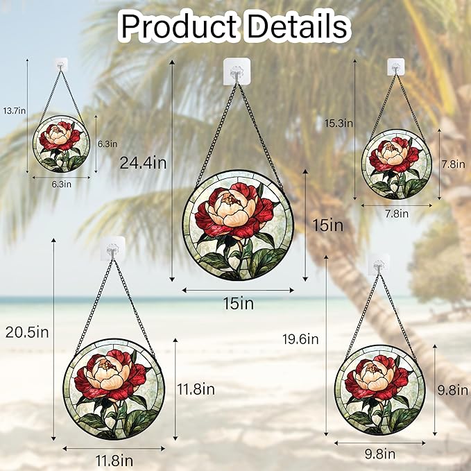 Stained Glass Window Hanging - Peony Suncatcher for Door Garden Home Decor Pink Birth Flower Sun Catcher Christmas Birthday for Friend Lovers Women Mom Nana 15 in