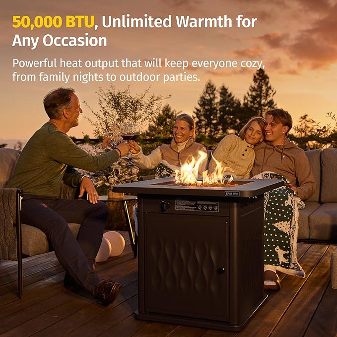 EAST OAK 32'' Propane Fire Pit Table, 50,000 BTU Steel Gas FirePit for Outdoor, Outside Patio Deck and Garden, CSA Certified Fire Table with Magnetic Lid, Cover-Storage Basket and Lava Rock, Black