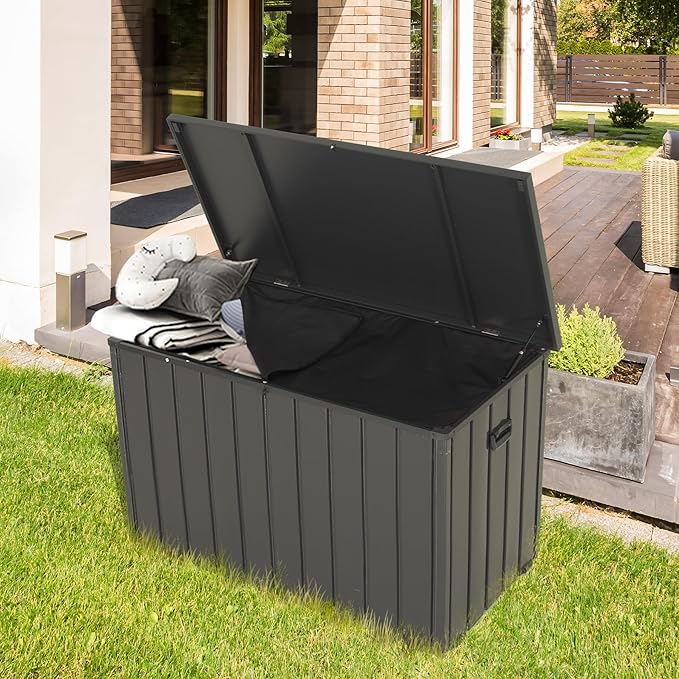 Outdoor Storage Box, 100 Gallon Metal Deck Box Built-in a Oxford Fabric Storage Bag, Lockable & Waterproof Outside Patio Storage Box - Gray