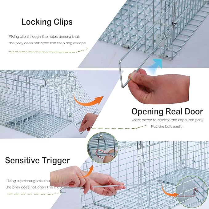 Live Animal Trap Cage with Cover, Cat Trap for Stray Cats 32 Inch Heavy Duty Folding Skunk Traps with Real Door for Raccoons, Opossums, Groundhogs, Skunks, Feral Cats, Squirrels-(32 x 10 x 12 inches)