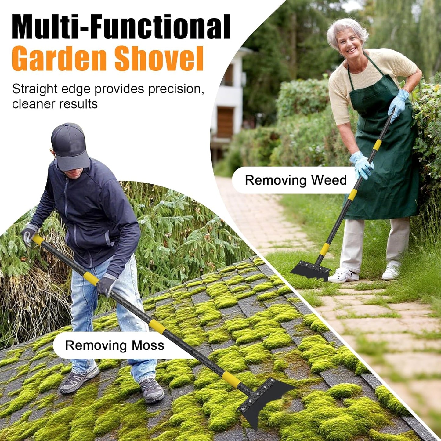 Garden Flat Shovel,60 inch Long Handle Manual Stand Weeding Tool with 2 Spades,Heavy Duty Multifunctional Garden Cleaning Shovel Spade,Floor Scraper for Weeding Edging Snow Ice Removal Tool