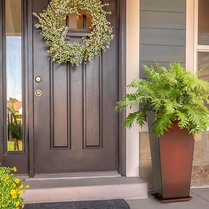 Worth Garden 25" Large Metal Glazed Planter Set of 2, Luxurious Glossy Finish Red Tall Square Tapered Steel Plant Pots, Decor Flower Pot Indoor & Outdoor, Drainage Hole & Dual-Purpose Plant Saucer