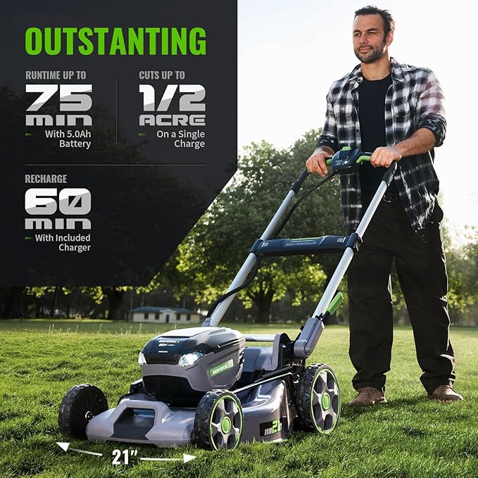 Electric Lawn Mower, Self-Propelled Lawn Mower Cordless (60V 21”), 65 Min Long Runtime with 2X5.0Ah Batteries, Rapid Charger and LED Headlight