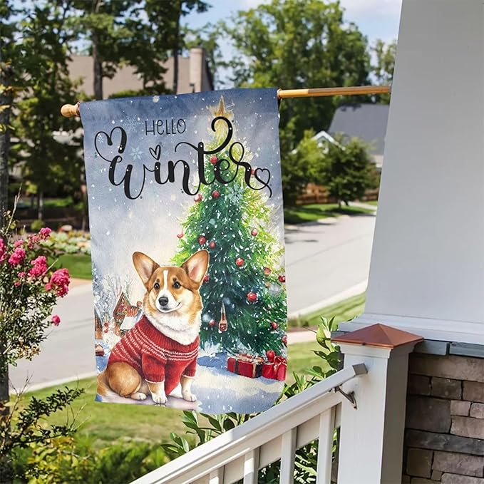 Hello Winter Merry Christmas Cute Pine Snow Garden Flag Welcome Party Outdoor Outside Decorations Picks Home House Garden Yard Decor 12x18 Inch