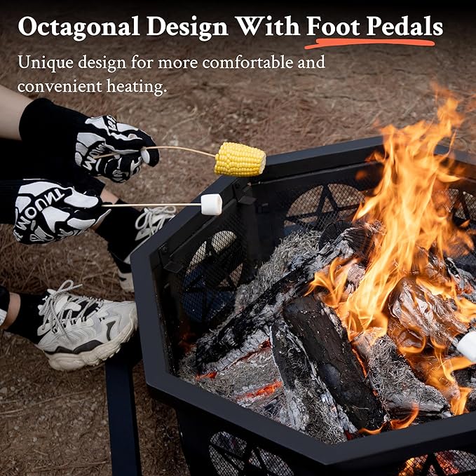 Verdelxue 35 Inch Octagonal Fire Pit with Cooking Grill,Outdoor Wood Burning Fire Pit for Camping Outside Picnic Bonfire,Heavy Duty Firepit for Backyard Garden Patio