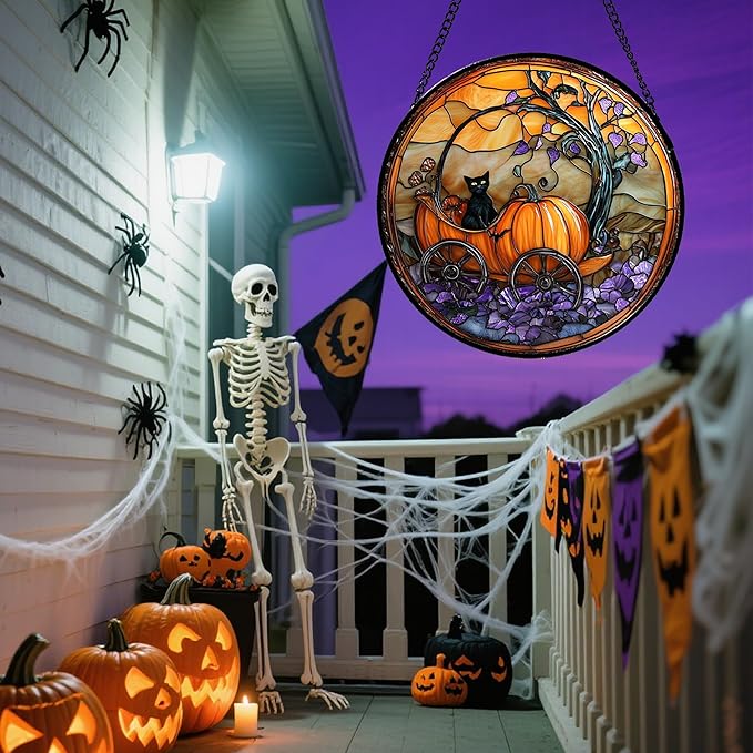 Stained Glass Window Hanging - Halloween Pumpkin Carriage Black Cat Suncatcher for Doors Window Garden Spooky Sun Catchers Gothic Decor Horror Gifts for Women Men Friend Boy Girl 11.8 in