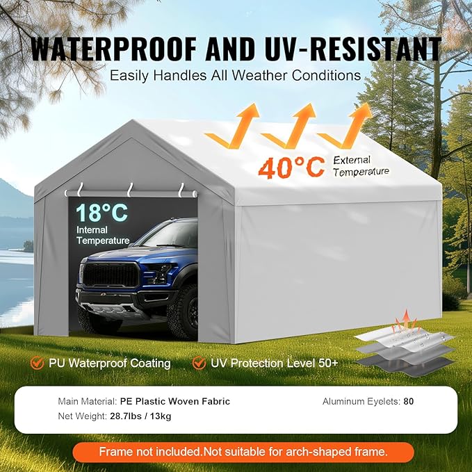 VEVOR Carport Replacement Canopy Cover Top + Side Wall 10 x 20 ft, Garage Tent Shelter Tarp Heavy-Duty Waterproof & UV Protected, Easy Installation with Ball Bungees,Grey (Frame Not Included)