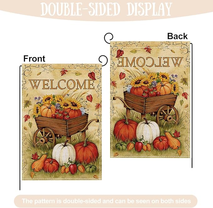 Fall Garden Flag 12 x 18 Inch Double Sided Welcome Pumpkin Sunflower Maple Leaves Farm Designs Autumn Burlap Yard Flag for Outside Rustic Yard Outdoor Holiday Home Decoration