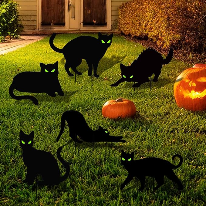 6 Pack Halloween Black Cat Yard Signs with Stakes Black Cat Yard decor Scary Silhouette Halloween Decorations Made of Waterproof Plastic Corrugated Board for Outdoor Lawn Garden