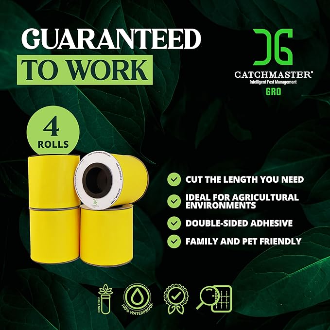 Catchmaster GRO XL AG Roll 4PK, Double Sided Adhesive Fly Tape Strips, Fungus Gnat Sticky Trap for Greenhouse, Garden, Nursery, Pest Control Gardening Supplies, Pet Safe Insect Trap, 328' x 6'' Yellow