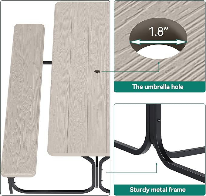 YITAHOME 6ft Outdoor Picnic Table with Wood-Like Tabletop, Sturdy Steel Frame and Umbrella Opening, Heavy Duty Picnic Table Ideal for Yard, Patio, Lawn Gatherings, Light Brown