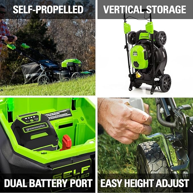 Greenworks 40V 21" Self-Propelled Lawn Mower,Axial Leaf Blower(500 CFM / 120 MPH),13" String Trimmer with 2 Batteries(5Ah+2Ah) & Chargers