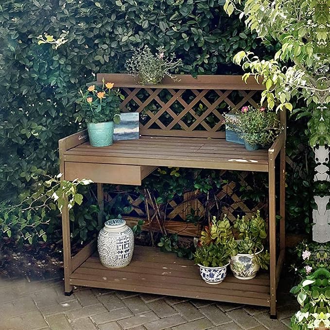 GUTINNEEN Potting Bench with PVC Layer, Sink, Lid, Gardening Work Bench Wooden Planting Table Outdoor with Storage, Drawer, Shelf, Hook