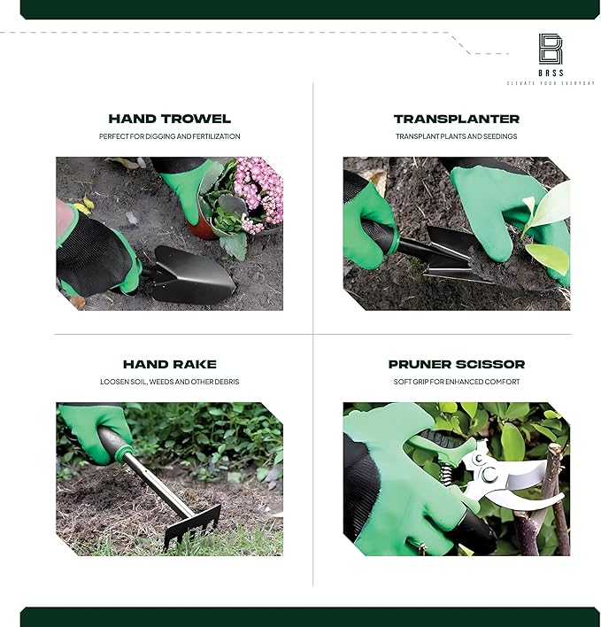 Gardening 9-Piece Heavy Duty Carbon Steel Gardening Tool Set – Rust-Proof, Ergonomic Non-Slip Handles with Durable Storage Tote Bag – Ideal Garden Gift by BRSS