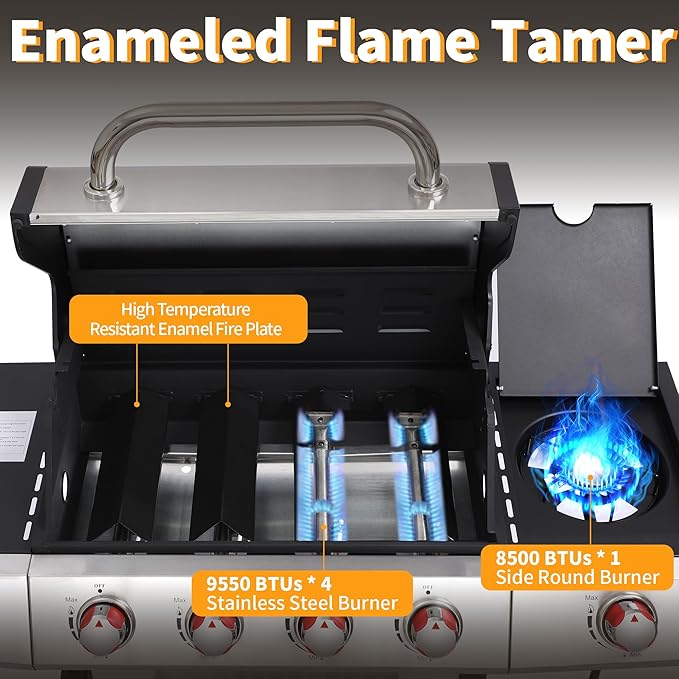 4 Burner Propane Gas Grill Combo w/Side Burner, 3-in-1 BBQ Grill with Charcoal Smoker & Griddle Plate, 46,750 BTU, 448 Sq.In. Stainless Steel Outdoor Cooking Station
