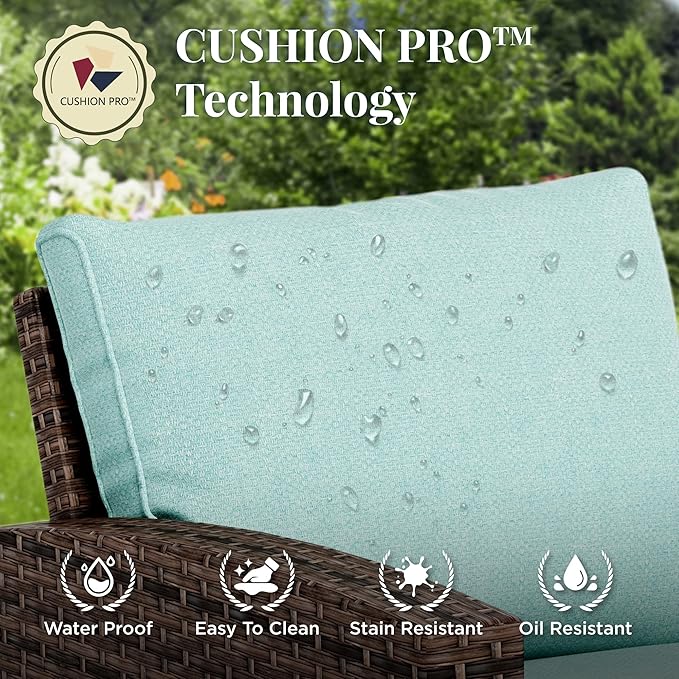 Patio Furniture Set, 8 Pcs Wicker Rattan Outdoor Conversation Set, 4 x Leg Chairs, 1 x 3 Seater Sofa and 2 x Ottoman with 4" Thick Cushion and 56" Fire Pit Table, Blue