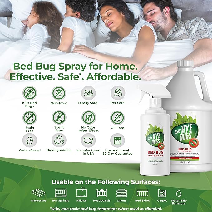 Bed Bug Spray for Getting Rid of Bed Bugs Permanently. Say Bye Bugs - a Non-Toxic, Kill on Contact Treatment That Doesn't Stain & is Odor Free. Simply Shake & Spray (1x 16oz).
