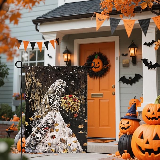IVN Halloween Garden Flag 12x18 Inch Skeleton Bride Skulls Gothic Spooky Haunted Fall Leaves Forest Double Sided Outdoor Decor Welcome Flag for Yard Home Porch Patio Decorations