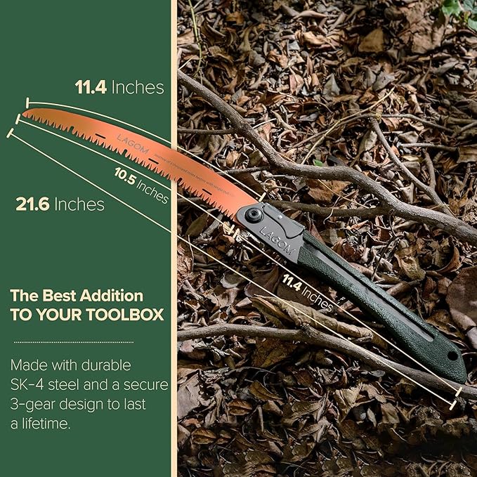 LAGOM Folding Camp Saws for Cutting Branches – 2 Pack (11.4" & 8.2") | SK5 Steel Blades, Ergonomic Handle, Secure Lock | Foldable Tool for Camping, Gardening, Survival, Kayaking, Outdoors