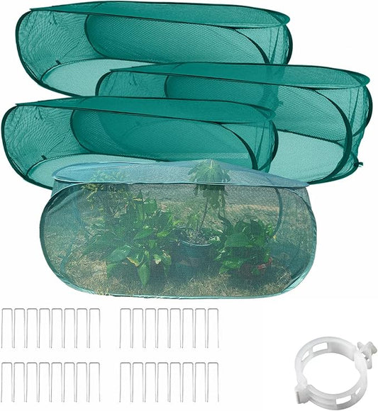 4Pcs 39" x 17" x 16.5" Mesh Pop up Garden Rows Plants Cover with 32 Ground Stakes and 100Pcs Plant Support Clips,Vegetable Mesh Plant Protector Net Cage Guard