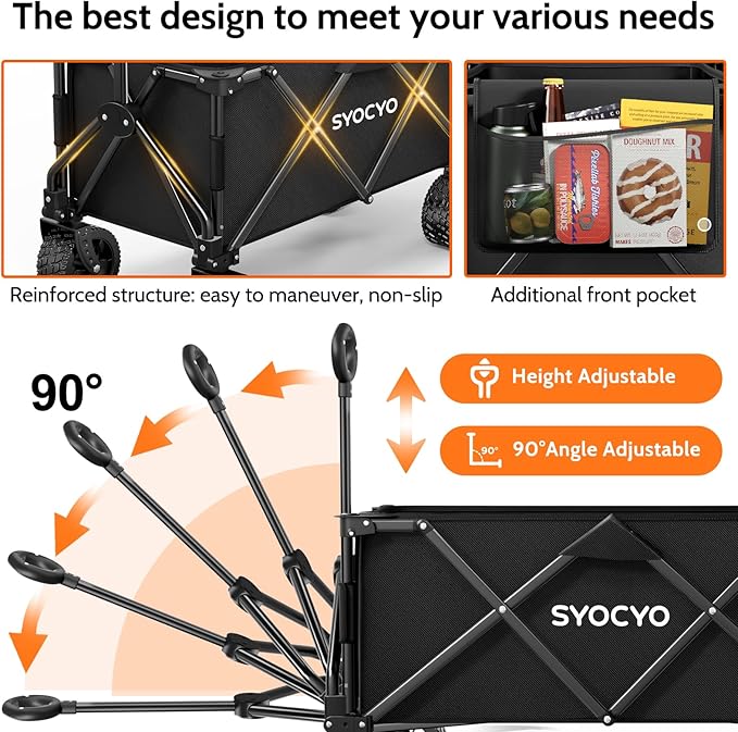 Collapsible Wagon with Big Wheels, Beach Wagons Carts Foldable with All-Terrain Wheels, Large Weight Capacity Heavy Duty Carts with Cup Holders for Camping, Garden, Sports, Grocery Black