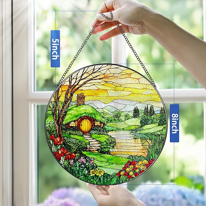 Stained Glass Window Hanging, Pauyadu 8 Inch The Shire Stained Glass Suncatcher, Window Decorations for Home, Mother's Day, Christmas, Birthday Gifts for Women, Mom, and Grandma, Nature Lovers
