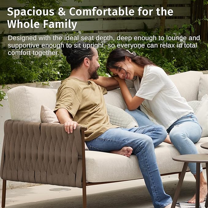 EAST OAK 5-Piece Patio Furniture Set | Life Chatter 5-Seat Outdoor Furniture | Deep Seating & Two Coffee Tables | Waterproof Extra-Thick Cushions | Porch, Balcony & Backyard | Apricot