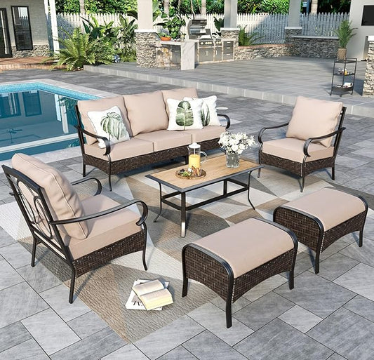 Sophia & William Metal Patio Furniture Set, Outdoor Conversation Set 7 Seats with 3-Seater Sofa, 2 Sofal Chairs, 2 Ottoman,1 Coffee Table for Seating Lawn Porch Backyard,Beige