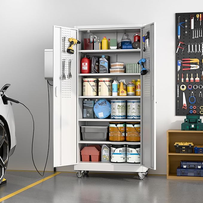 Rolling Tool Storage Cabinet with 5 Adjustable Shelves and Pegboard,Metal Garage Storage Cabinet with Wheels for Garage Home Office Utility Room,Required Assembly, 71" H×32" W×16" D,White