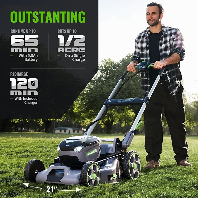 Electric Lawn Mower, Self-Propelled Lawn Mower Cordless (60V 21”), 65 Min Long Runtime with 5.0Ah Battery, Rapid Charger and LED Headlight