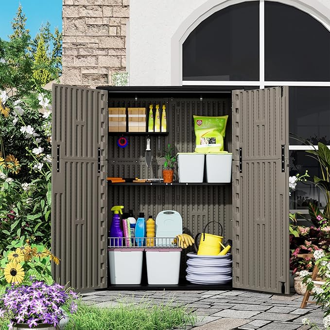 HOMSPARK 47 Cu.Ft Outdoor Storage Shed Weather Resistant, Multi Functional | Double-Wall Resin Storage Sheds & Outdoor Storage Box Waterproof for Backyard Garden Patio Lawn (Brown)