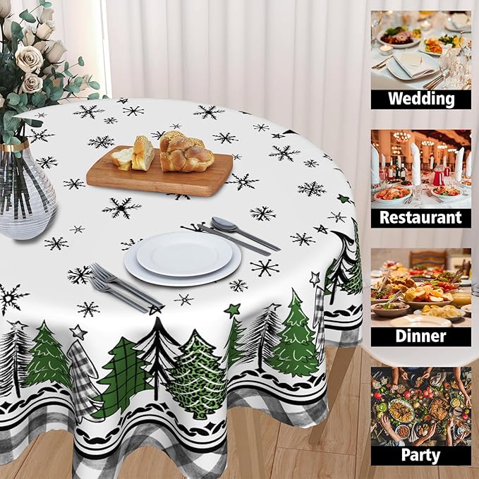 Giwawa Christmas Round Tablecloth 60 Inch,Green and Black Buffalo Plaid Xmas Trees Snowflakes Theme Country Reusable Wrinkle Resistant Table Cover for Holiday Party Dinner Table Decor