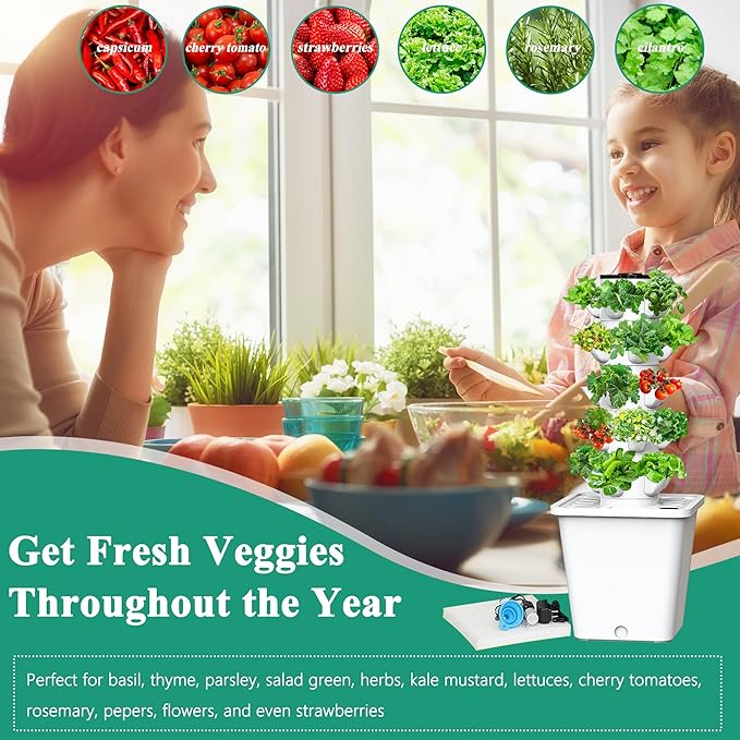 SJZX Hydroponics Growing System Kit, 12L Large Capacity Hydroponic Tower, 5 Tiers Indoor Outdoor Gardening System for Beginner with Water Pump & APP Auto Timer, Vertical Garden Planter Kits (25 Pods)