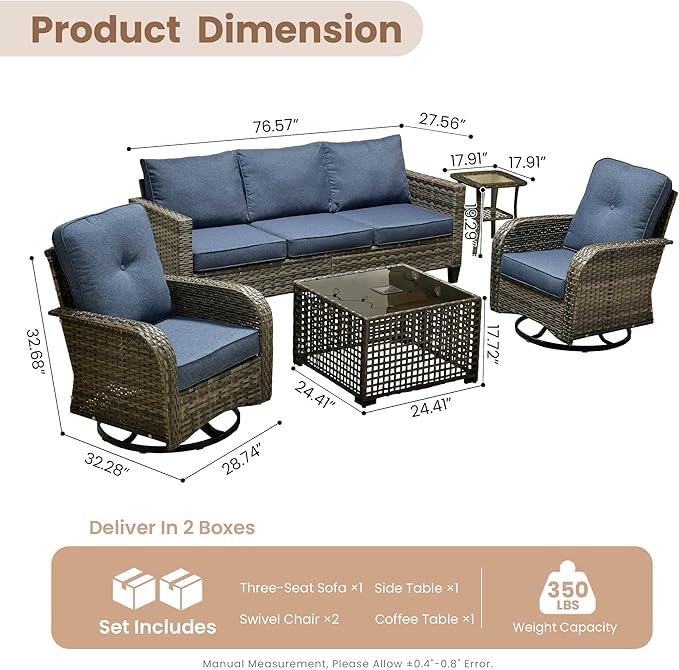 HOOOWOOO Outdoor Patio Furniture Set,5 Pieces Wicker Conversation Set,All Weather Couch Set with Swivel Chairs Solar Light Table 5 Seaters for Out Door Yard(Denim Blue)