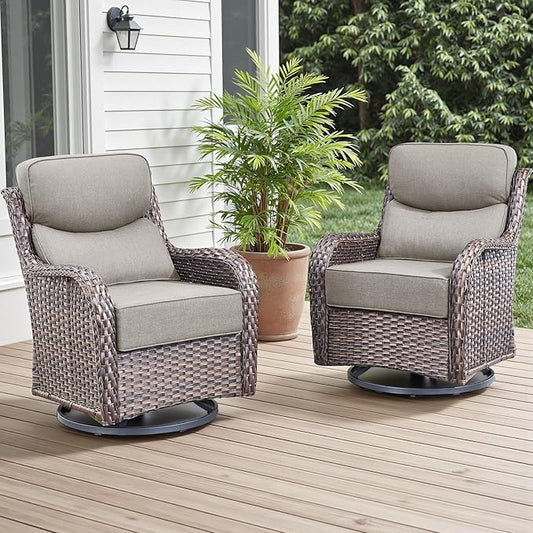 Outdoor Patio Swivel Rocker Chairs Set of 2, Waterproof Wicker, High Back, Deep Seating, Wide Armrest, Upgraded 6 inch Thick Cushions, Ideal for Deck Porch Backyard, Brown/Beige