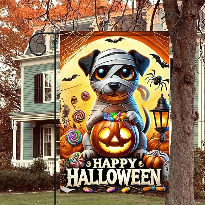 Happy Halloween Garden Flag 12x18 Double Sided Mummy Puppy Ghost Skeleton Dog Garden Flag Candy Trick or Treat Pumpkin Flag Halloween Decorations Banner Fall Décor Outdoor Lawn Yard Flag